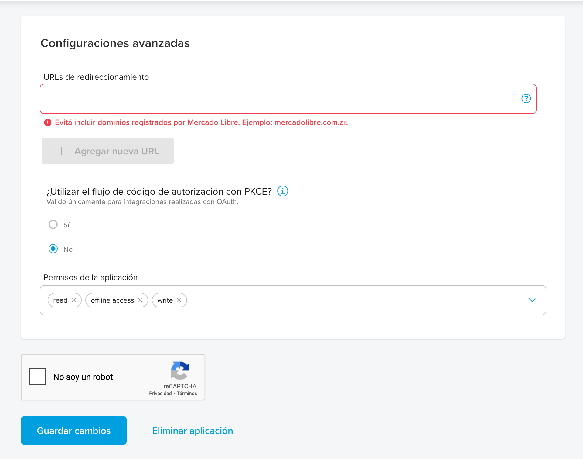 Pantalla de ingreso de Redirect URL